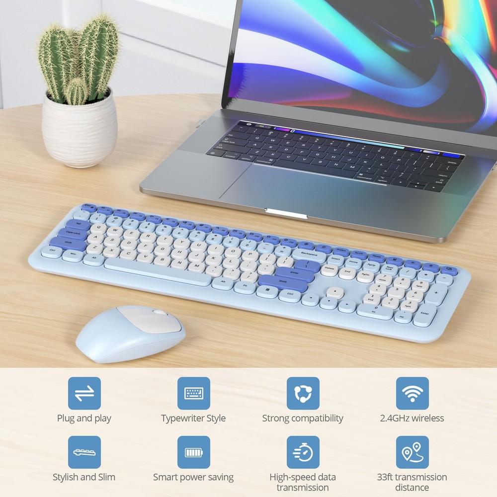 Gradient Blue Wireless Keyboard and Mouse Combo Retro Typewriter Full Size