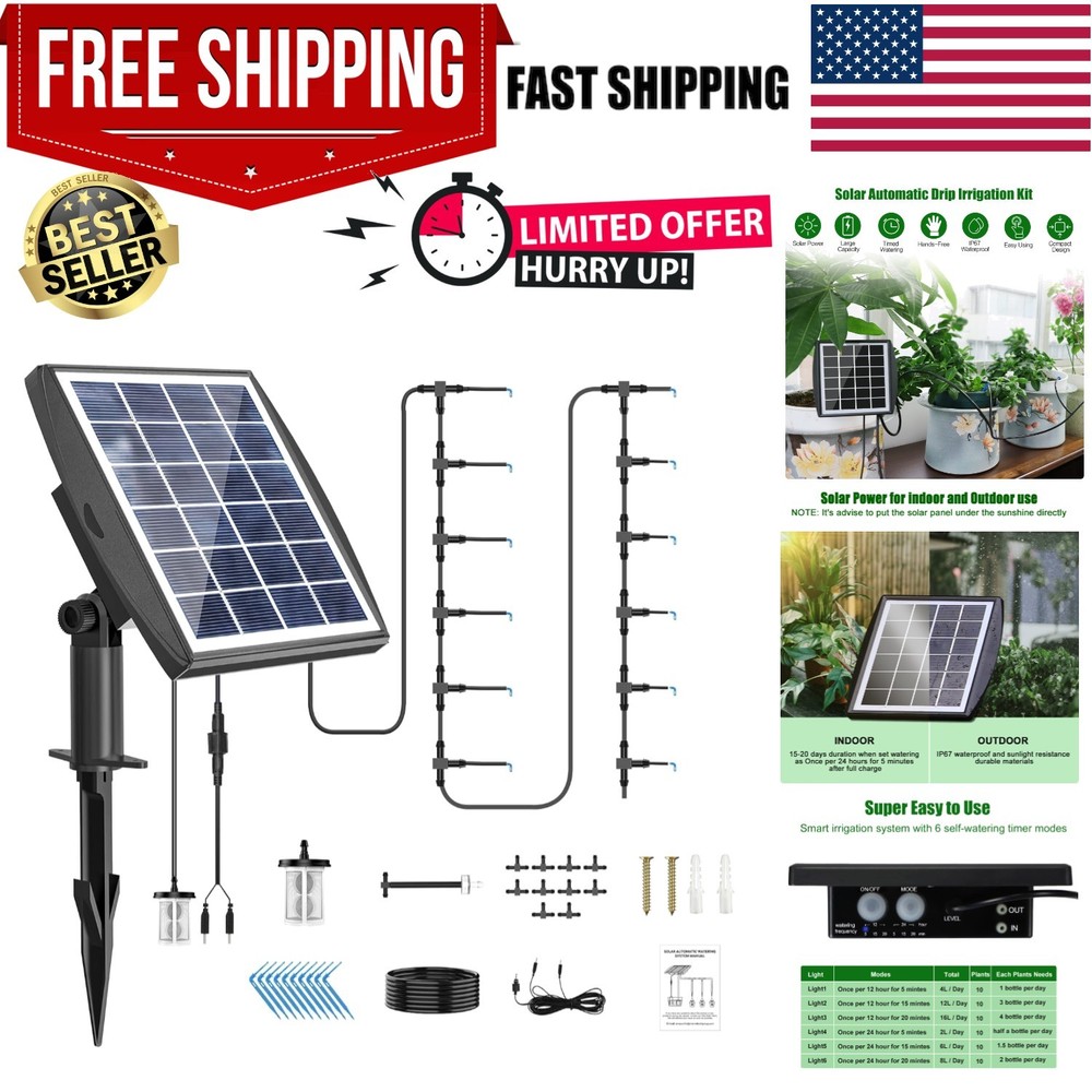 Solar Automatic Drip Irrigation Kit System, Solar Powered Auto Easy DIY Water...