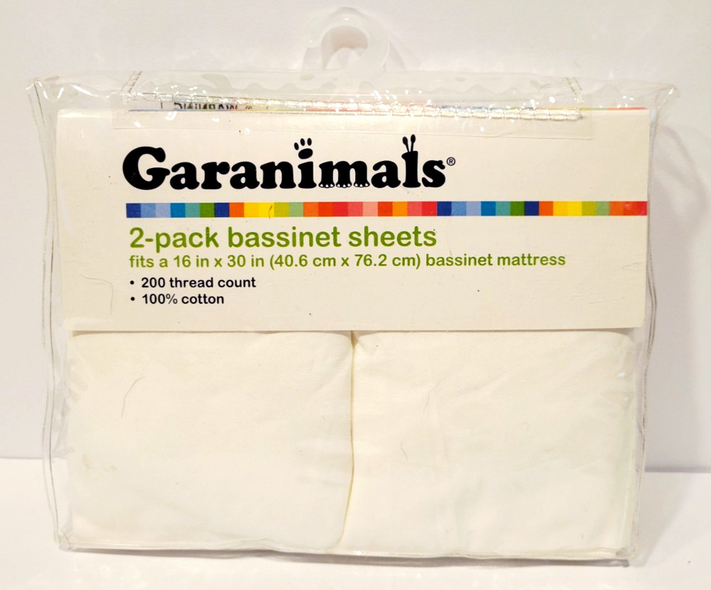 Garanimals 2 Pack Bassinet Crib Sheets  New In Package, Solid White 16"x 30"