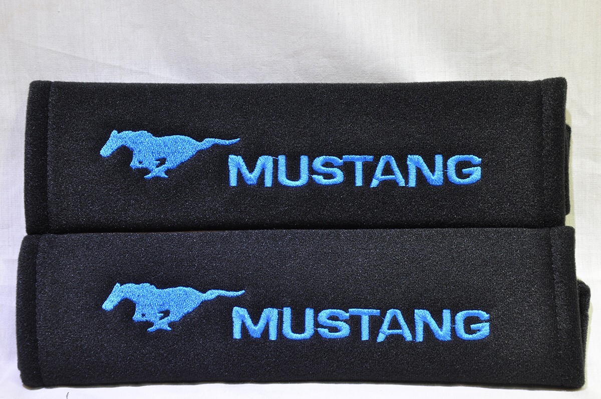 2 pcs (1 PAIR) Ford Mustang Embroidery Seat Belt Cover Pads (Blue on Black pads)
