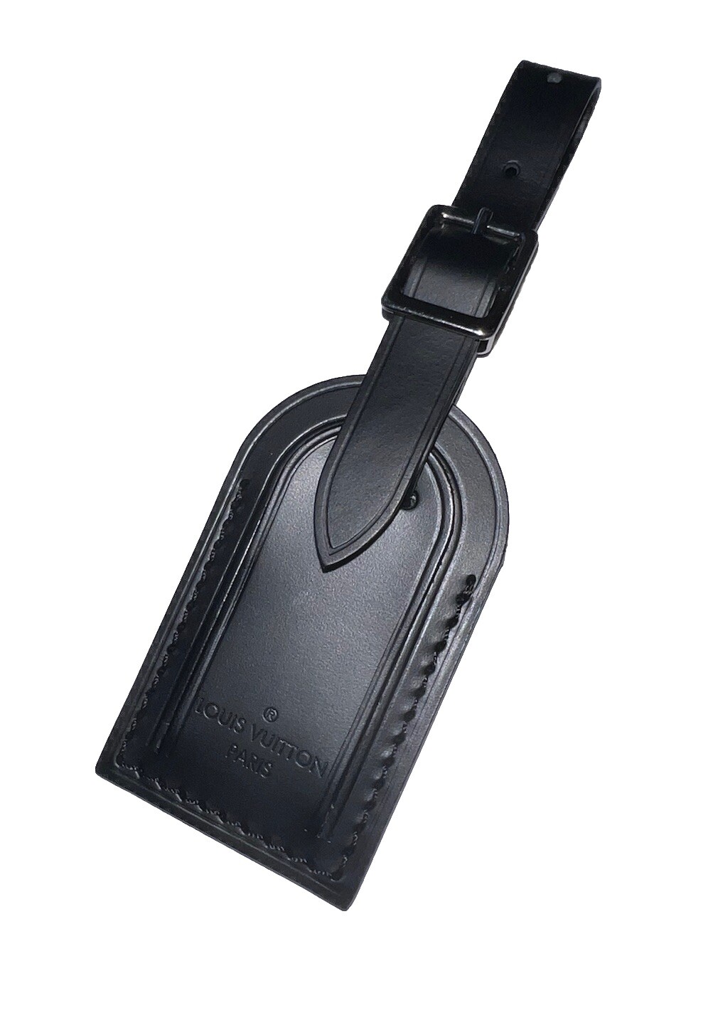 Louis Vuitton PARIS Black Leather ID Name Tag w/ Silver tone Small 🎊