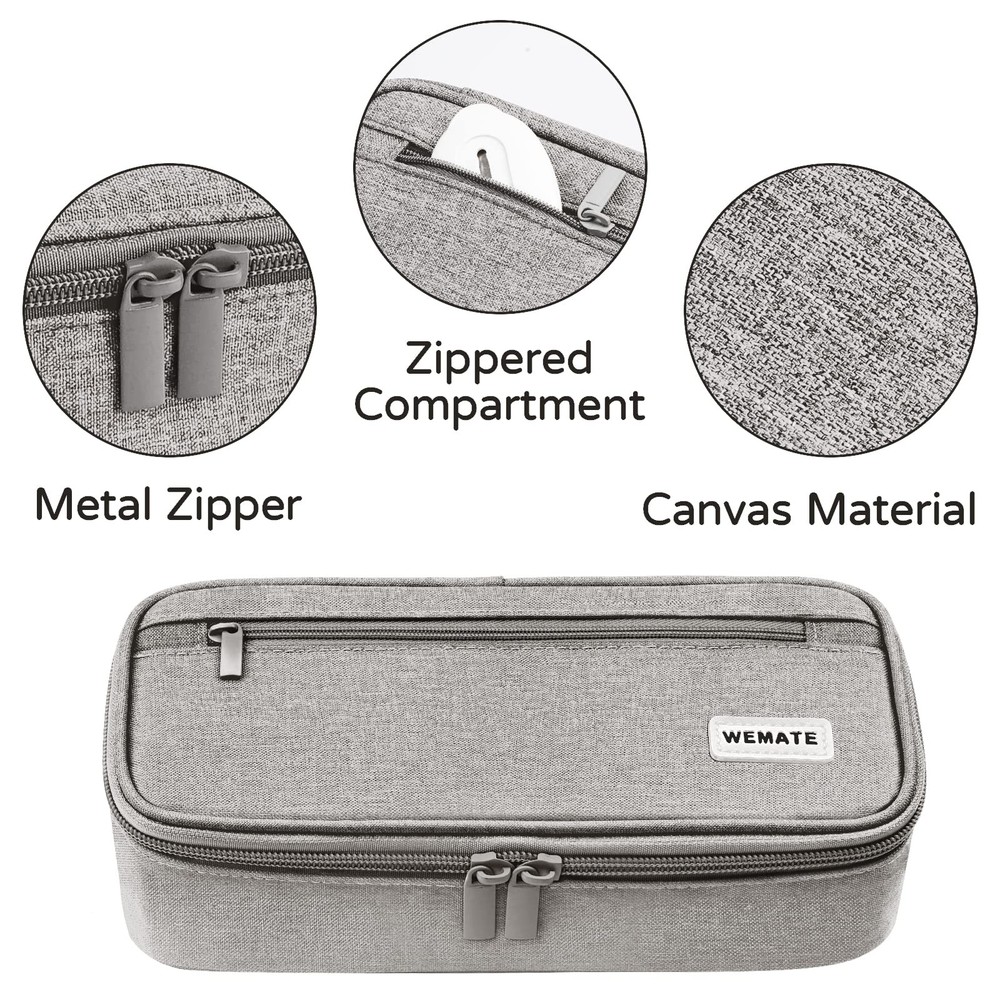 WEMATE Large Pencil Case, Pouch with Zipper Compartments, Light Grey