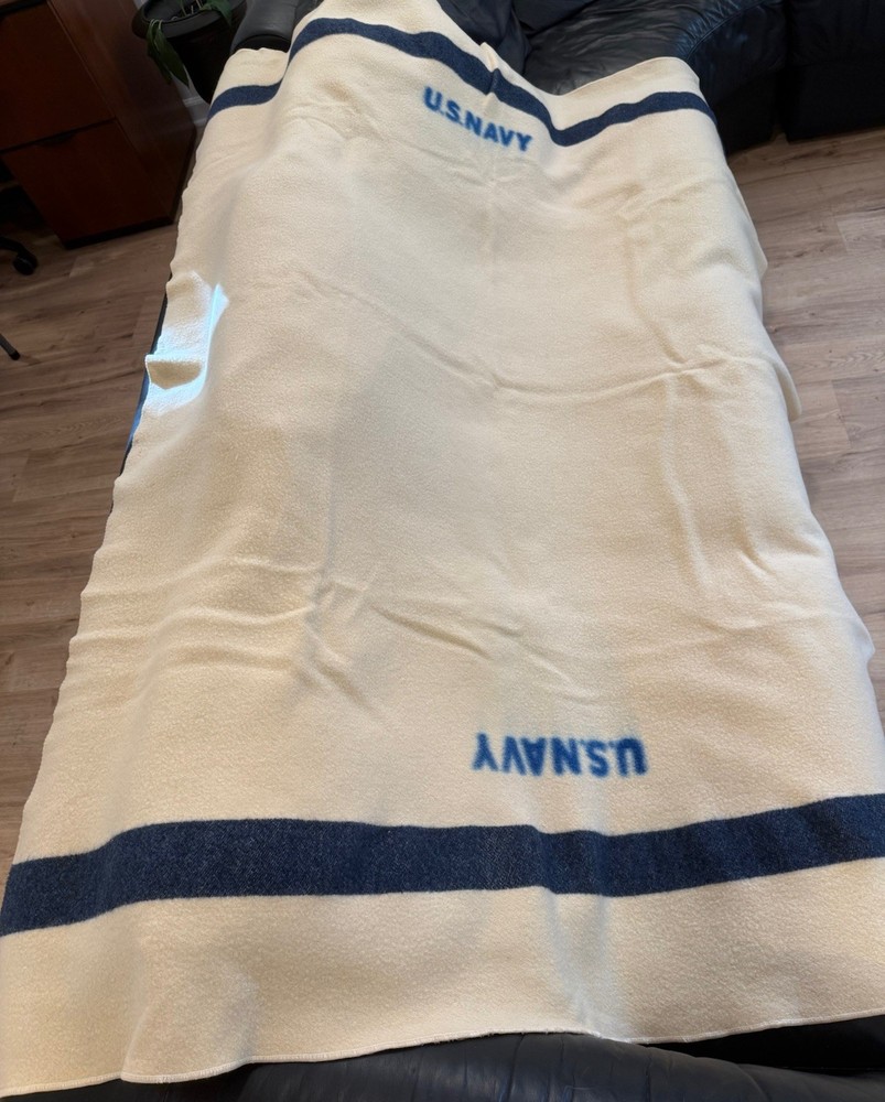 Vintage US Navy WW2 Wool Blanket, Cream. 76” X 60”