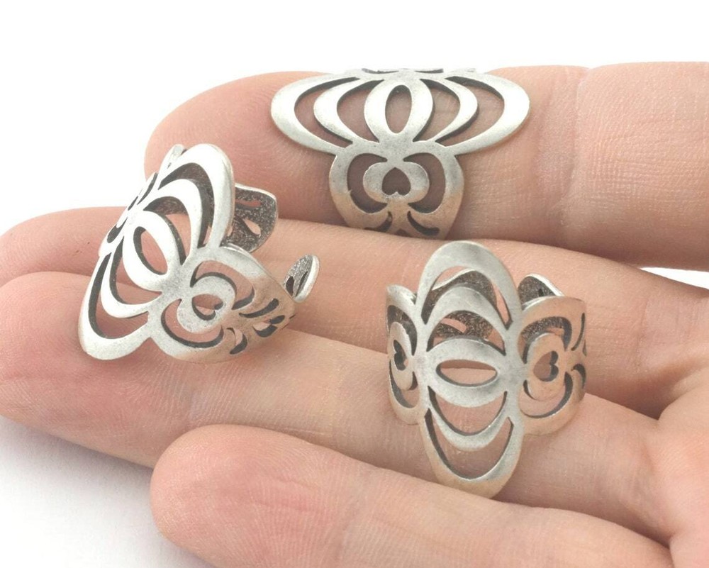 Hearts Waves statement adjustable ring Antique silver plated brass 4343