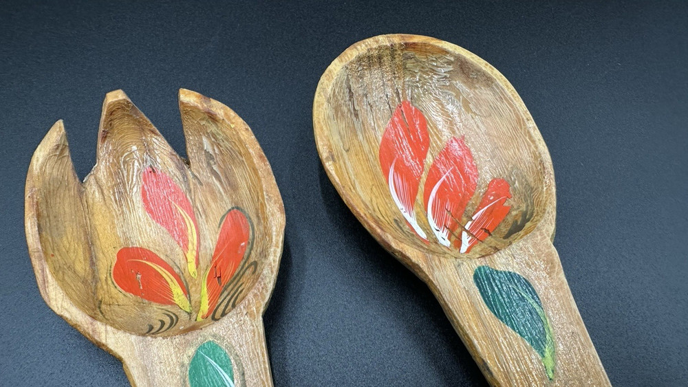Vintage Hand Painted Salad Fork & Spoon Server Set 10"