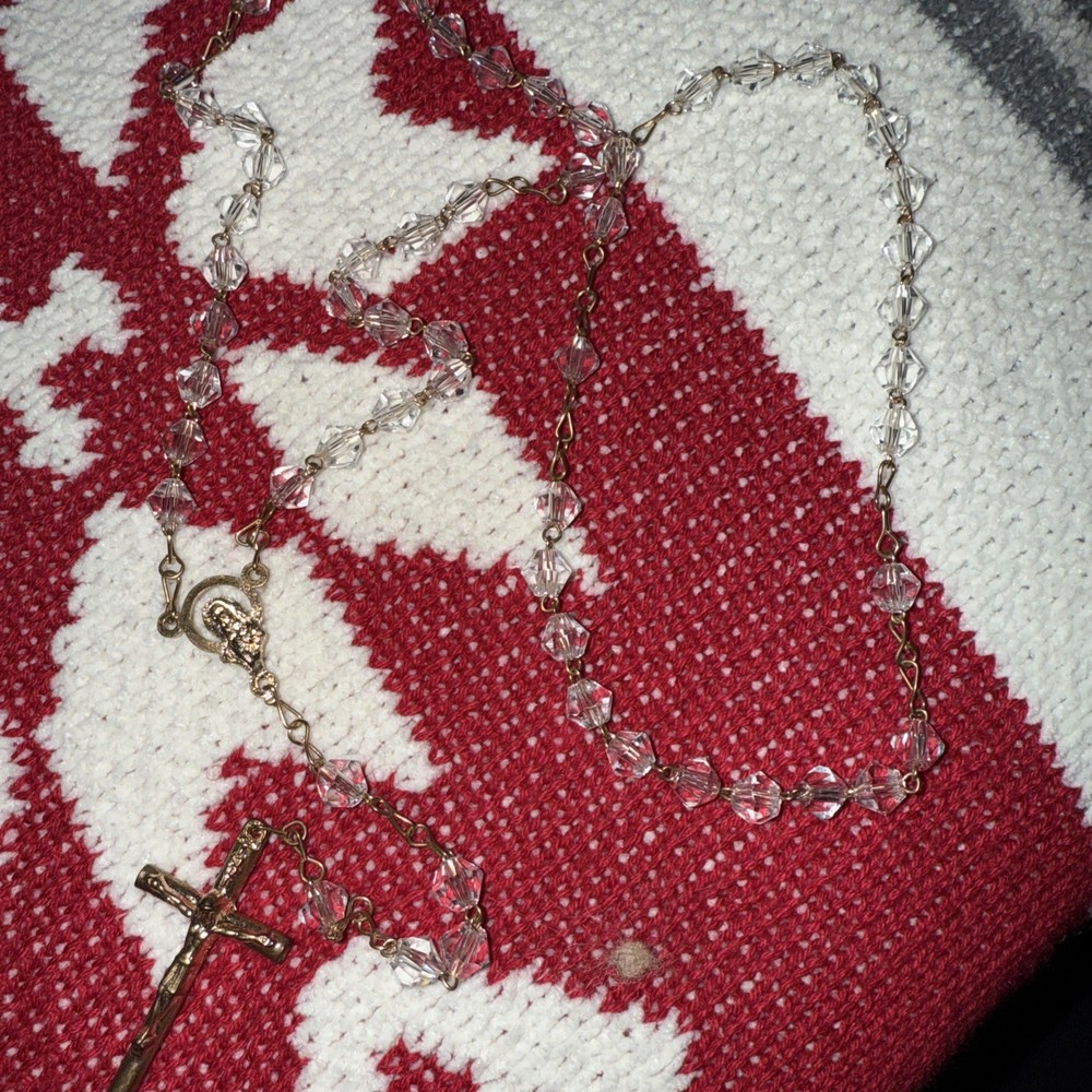 Crystal Beaded Gold Rosary Necklace Crucifix Catholic-