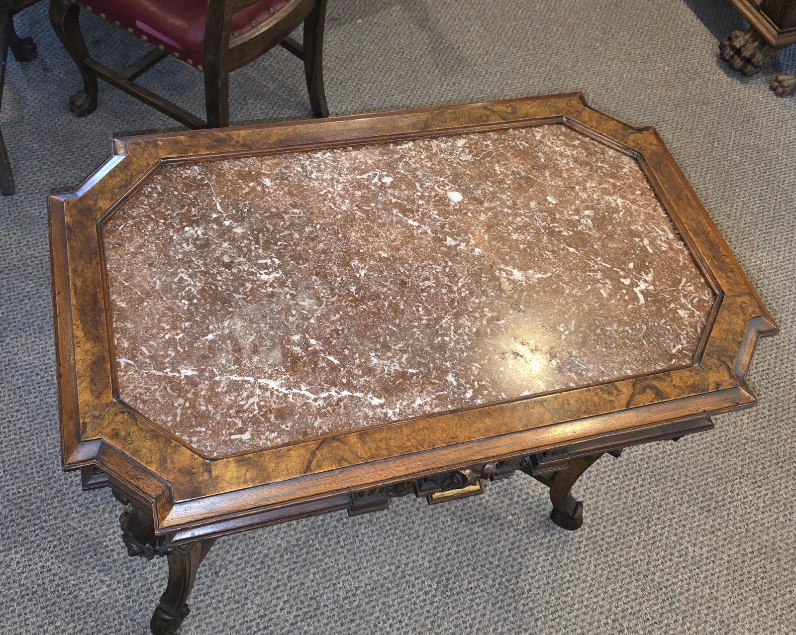 Antique Victorian Renaissance Revival Parlor table with framed Brown Marble top
