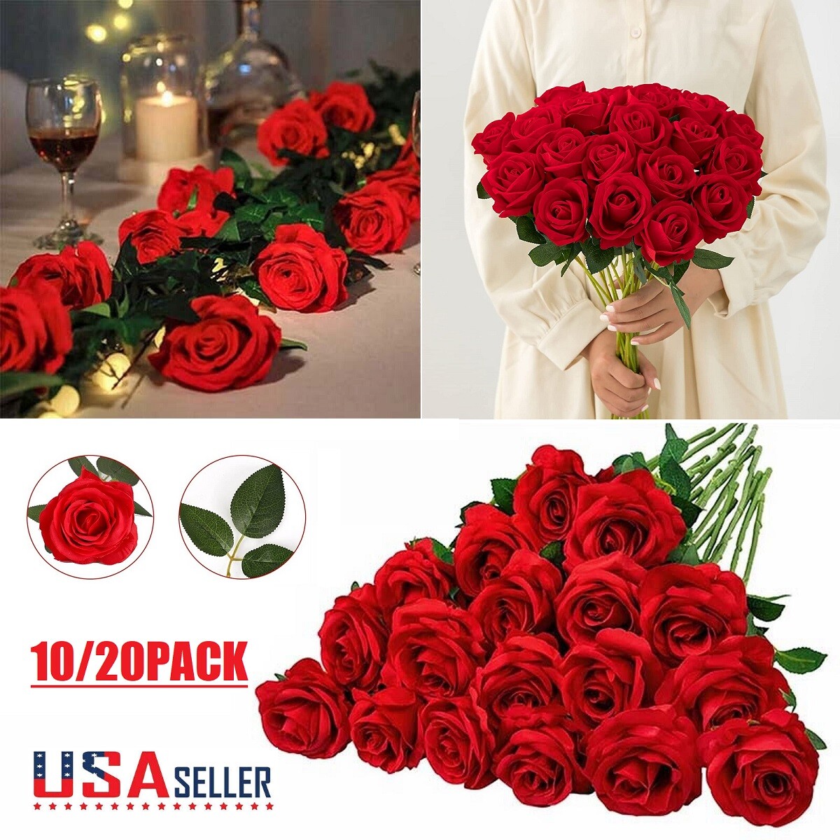 20× Red Silk Roses Artificial Flowers Realistic Bouquet Romantic Gift Home Decor