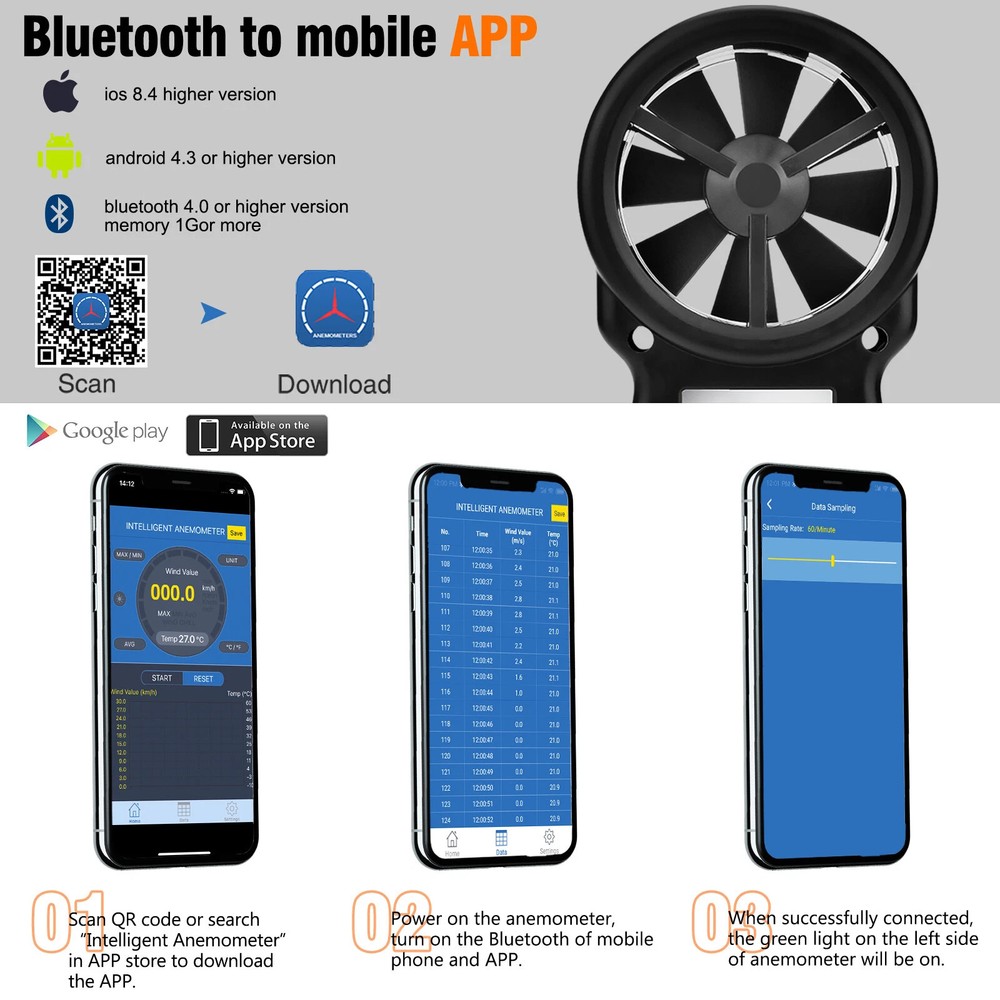 Portable Bluetooth LCD Wind Speed Meter Digital Anemometer 30m/s
