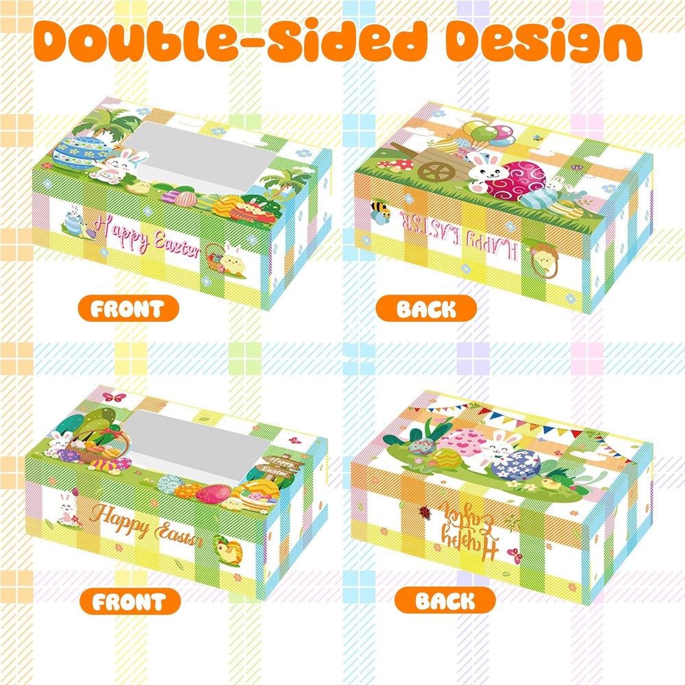 24Pcs Easter Cookie Boxes with Window, Easter Buffalo Plaid Cute Bunny Egg Co...