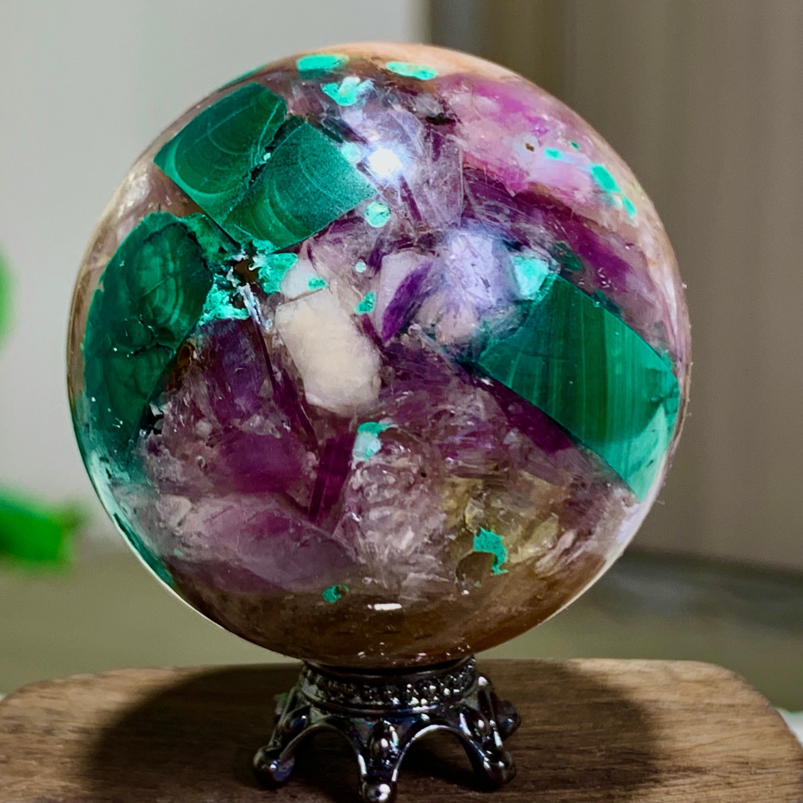 79G Newly discovered rare malachite purple mica symbiotic sphere restoration