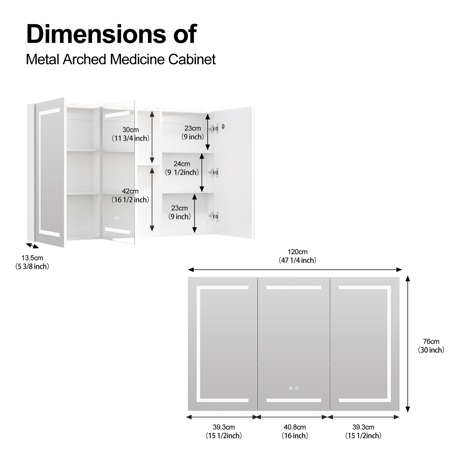 Large LED Lighted Medicine Cabinet 3 Doors Wall Mounted Bathroom Mirror Dimmable