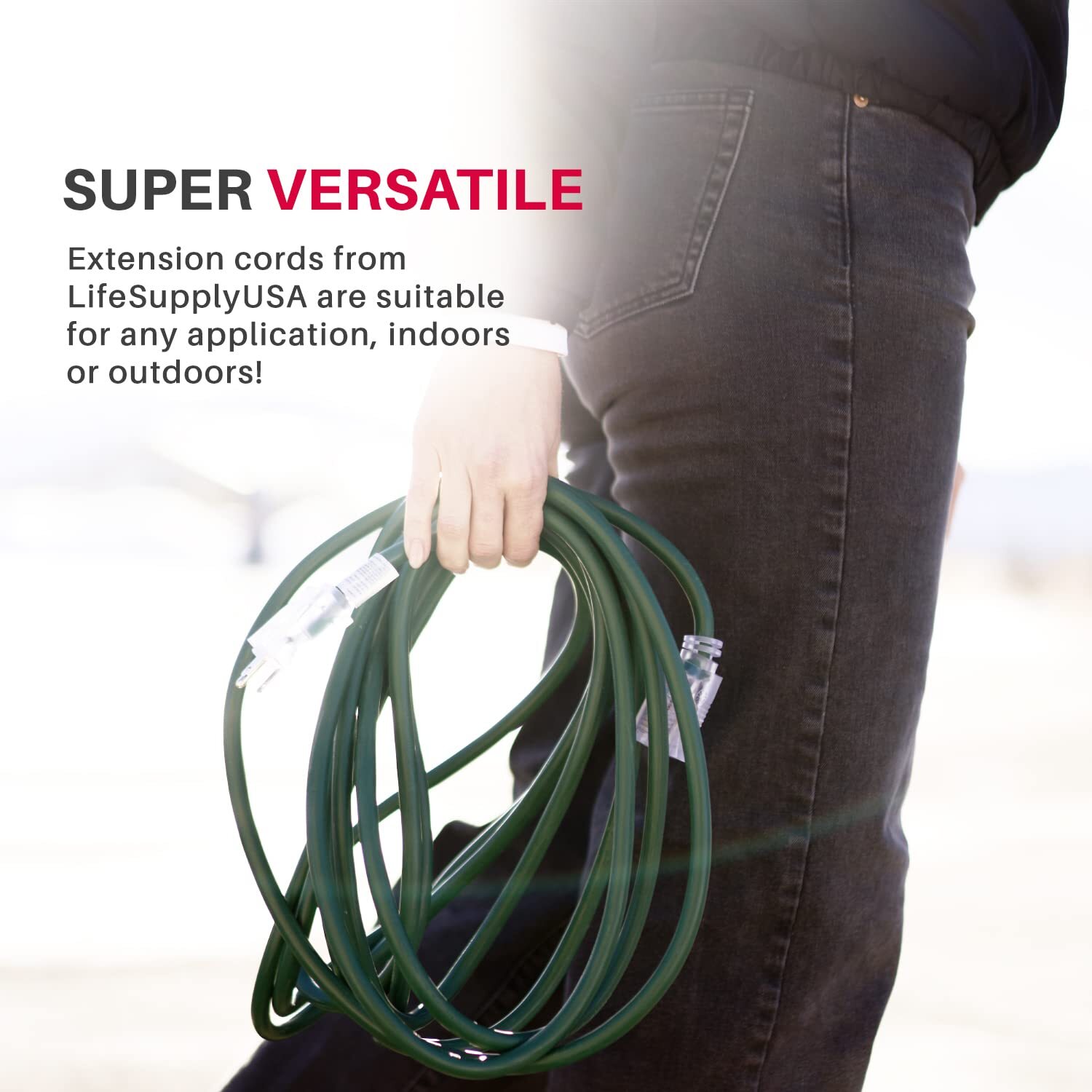 50ft Power Outdoor Extension Cord & Indoor - Waterproof Electric Drop Cord Cable