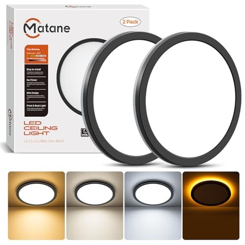 2Pack Dimmable Flush Mount Ceiling Light Fixture with Night Light, 18W Black
