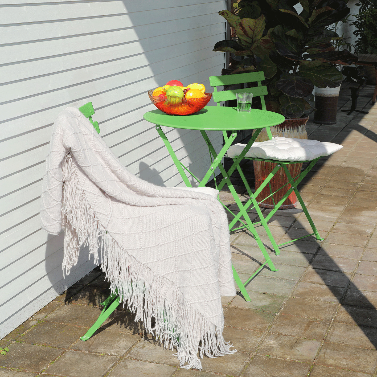 3 Piece Green Patio Table Chairs Set Foldable Garden Patio Furniture w/Cushion