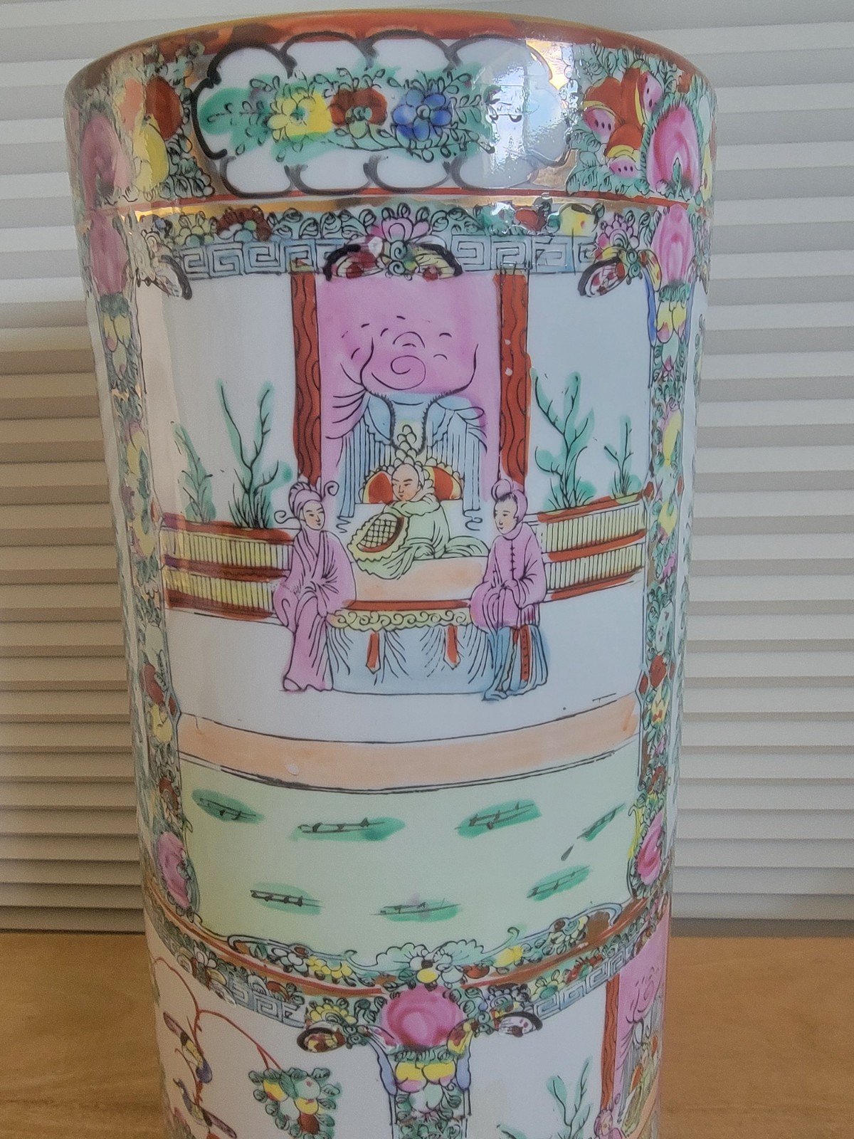 Vintage Porcelain Asian Umbrella Stand Pot Hand Painted 18 3/8" x 8 1/8"