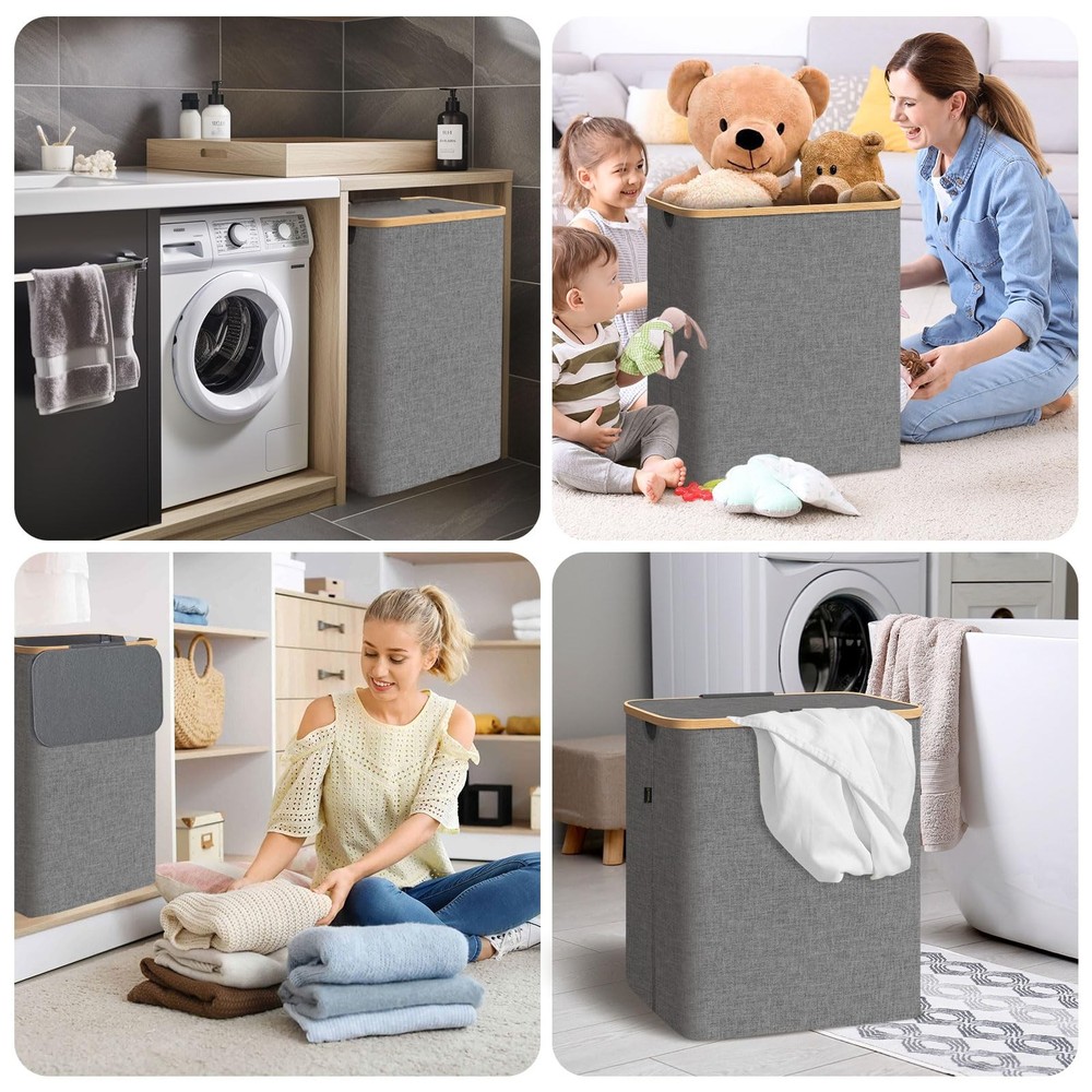 Laundry Hamper with Lid, Tall Laundry Baskets with Bamboo Pull Handles, Large...