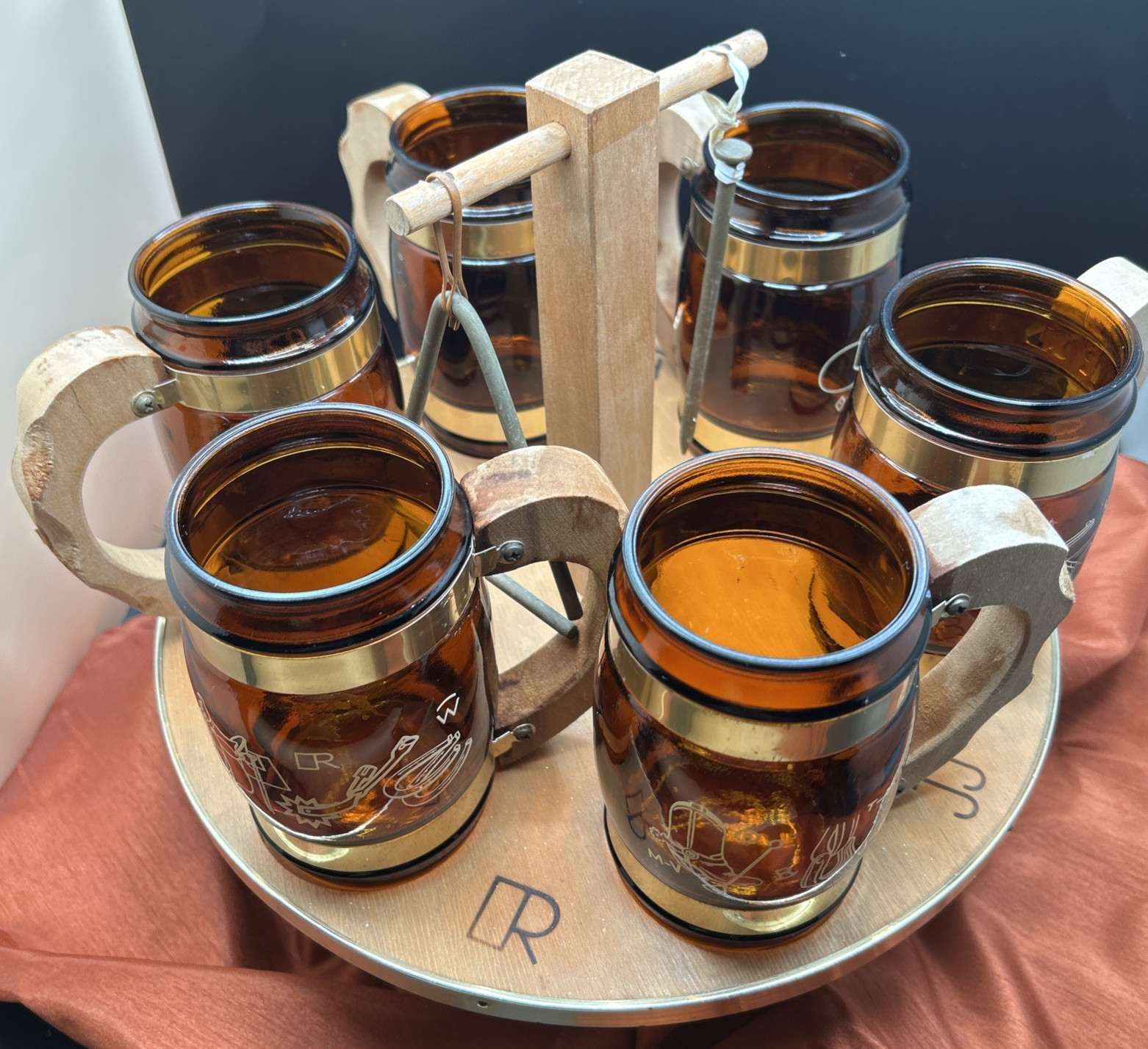 Vintage Siestaware Western / Wagon Wheel Bar Beverage Set with Caddy & Triangle