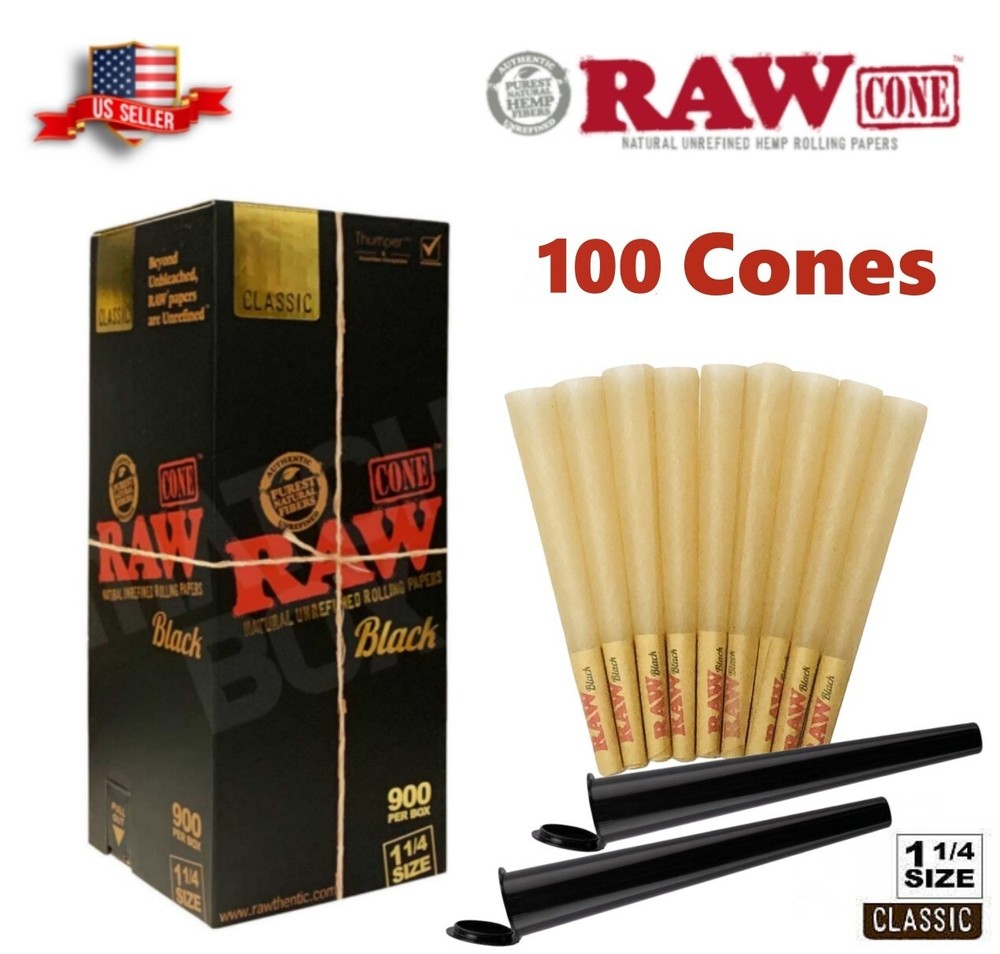 Authentic RAW Black 1 1/4 Size Pre-Rolled Cones 100 Pack & 2 Tubes