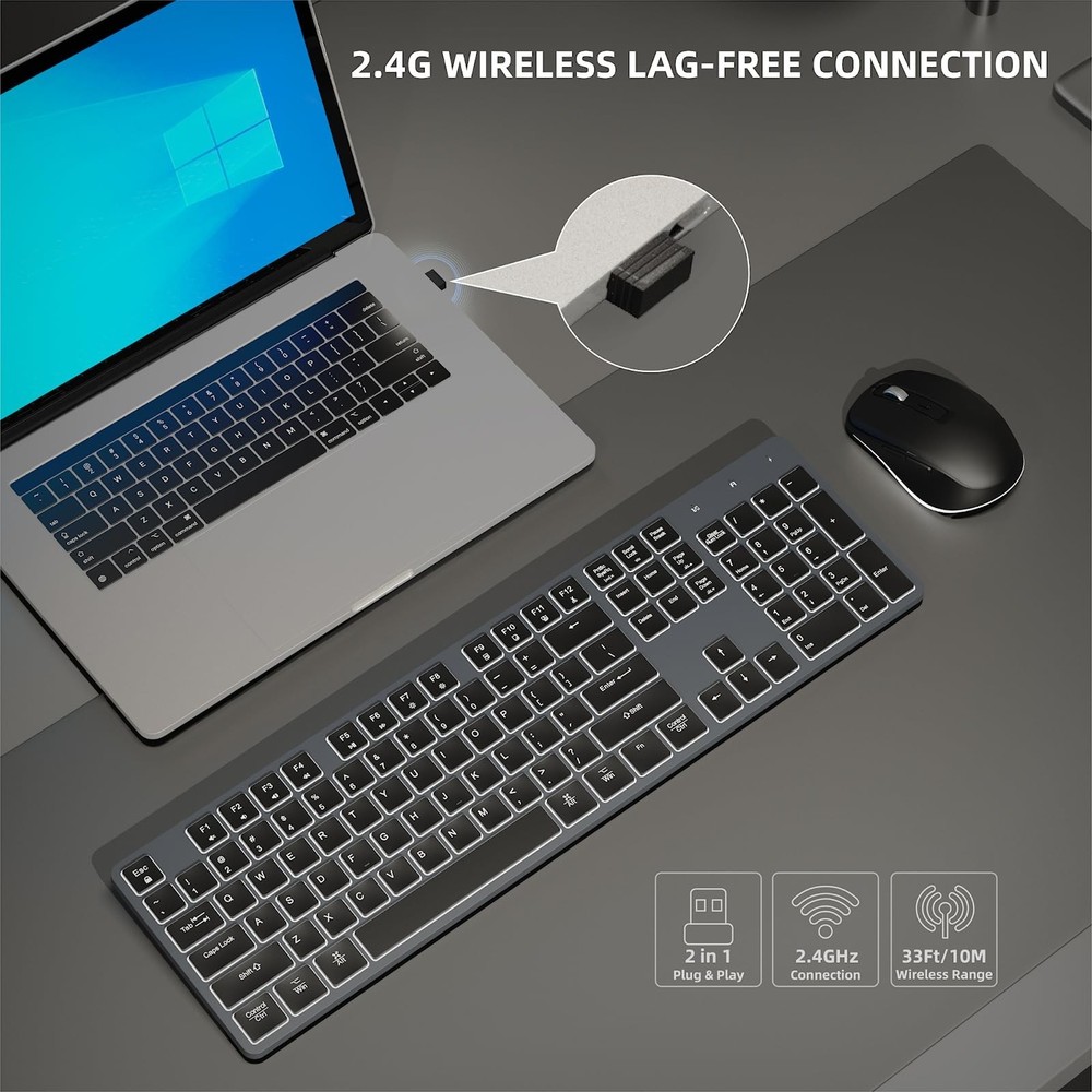 Quiet Wireless Keyboard and Mouse Backlit, Rechargeable Silent Flat Keyboard ...