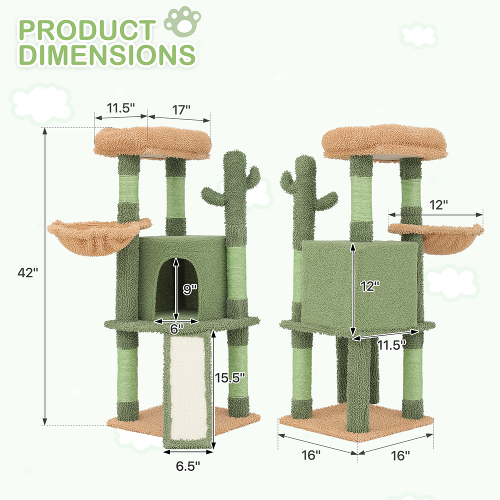 42" Cactus Cat Tree Tower Scratching Post Multi Level Activity Center Cats Toys