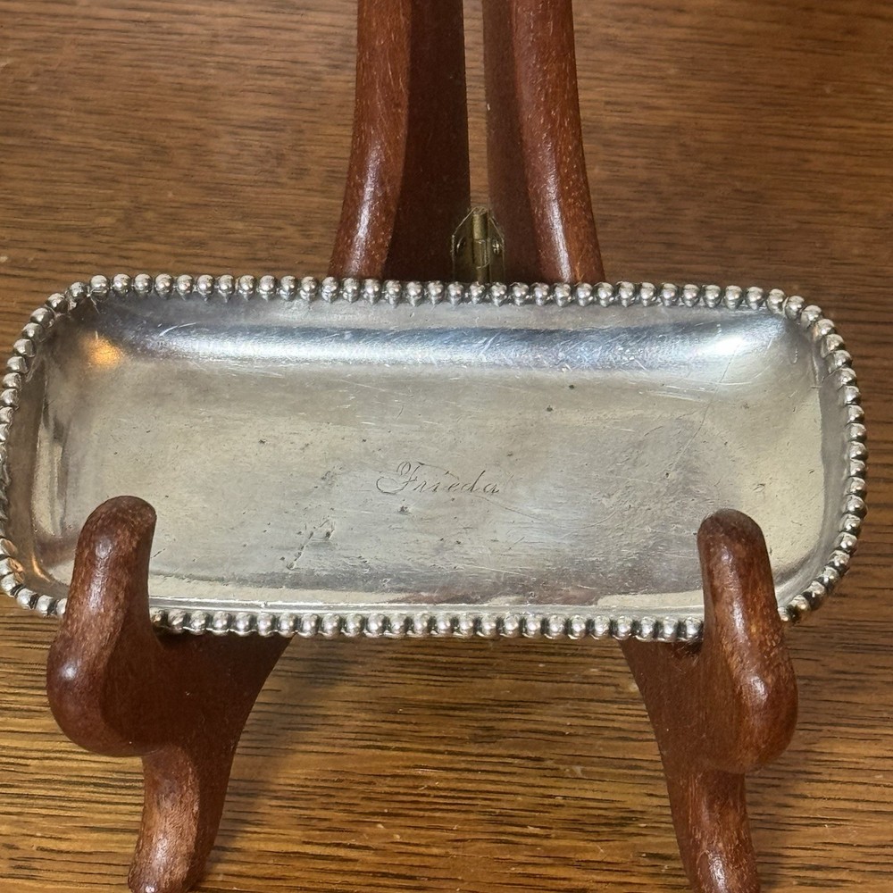 Vintage Silverplate Trinket/pin Tray Beaded Edge Personalized “Frieda”