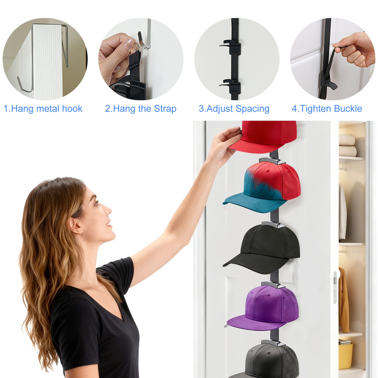 Vertical Over Door Hat Rack Adjustable Space Saving Cap Organizer With 10 Hooks