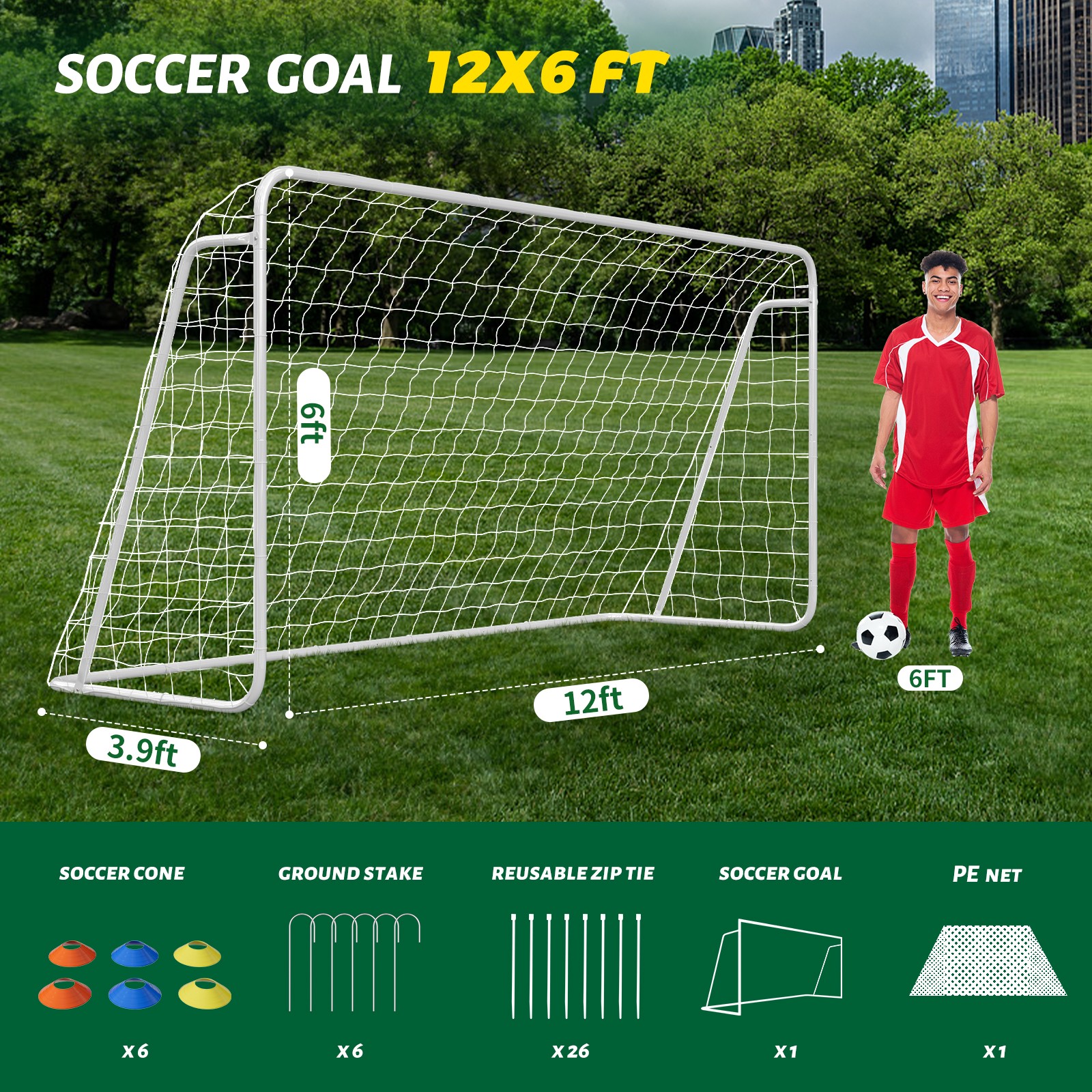 NAIZEA 12x6FT/16x7FT Soccer Goal 1.2"/ 2" Steel Soccer Goals & 6 Training Cones