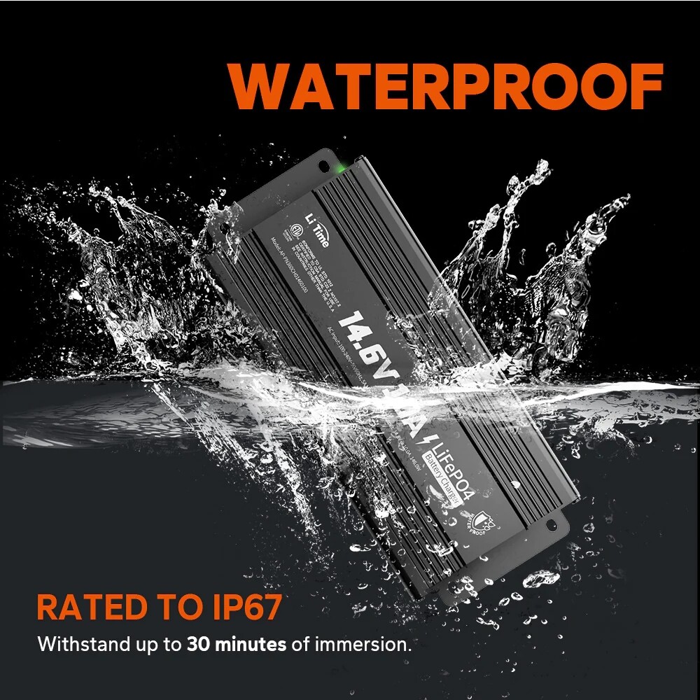LiTime IP67 Waterproof 14.6V 10A LiFePO4 Onboard Charger for Outdoor Marine Use
