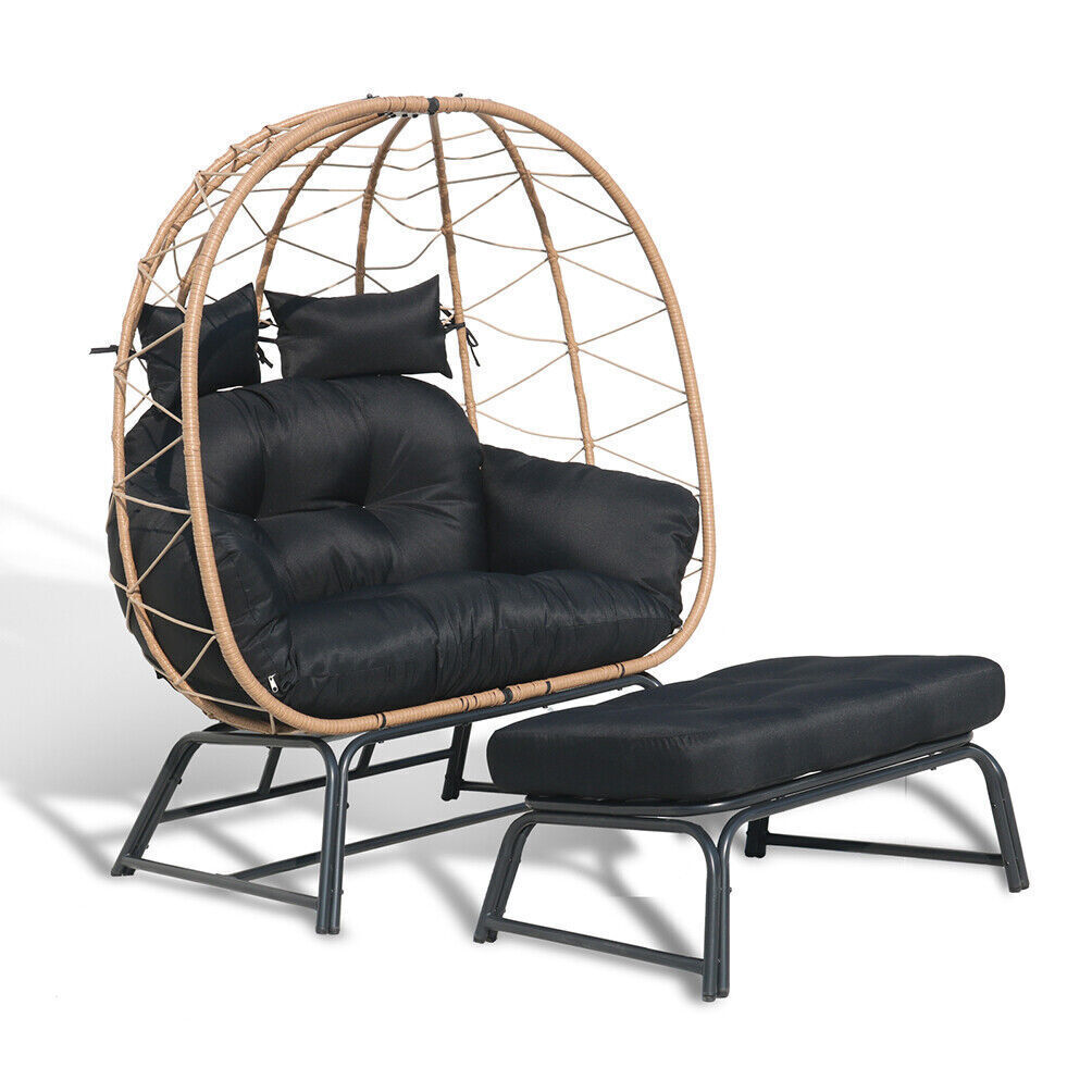 Wicker Egg Chair with Ottoman Outdoor Indoor Oversized Lounger Stand for Porch