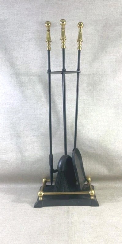 Vintage  Cast Iron Fireplace Tool Set 3 Pc + Stand