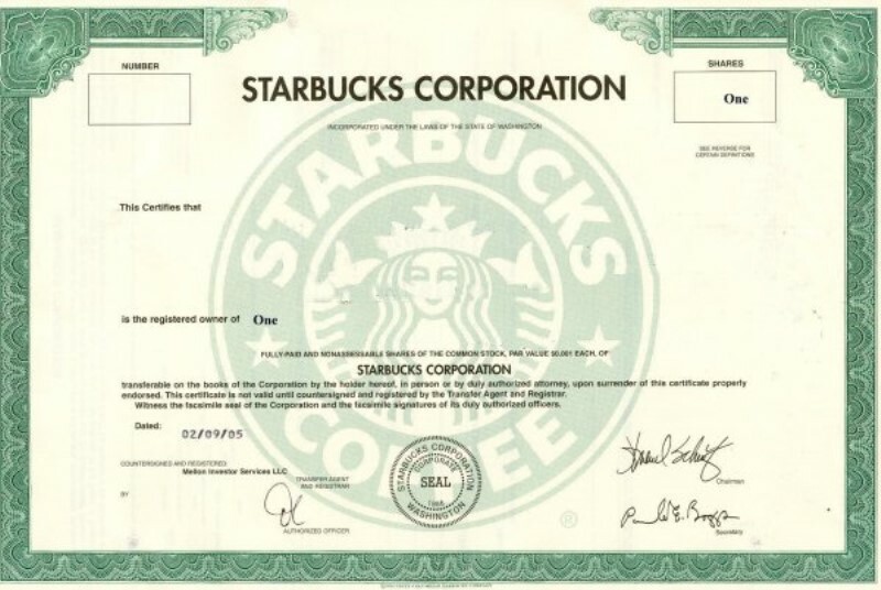 Starbucks Coffee stock certificate COPY of original document.