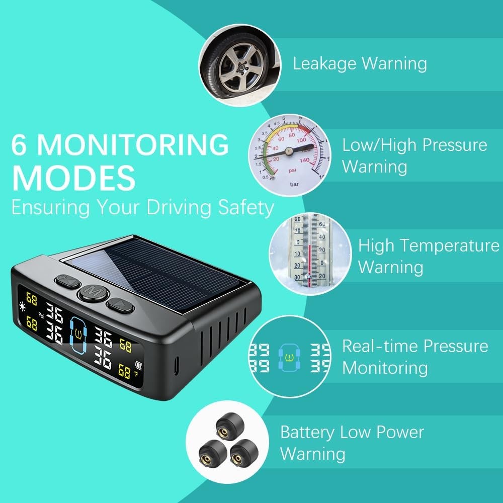 Wireless Solar TPMS LCD Car Tire Pressure Monitoring System + 4 External Sensors