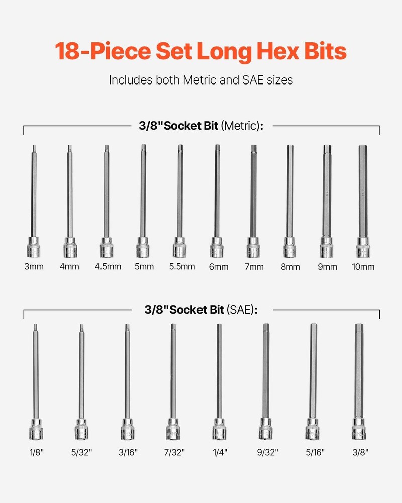 Extended 3/8in Drive S2 Alloy 18Pc Hex Bit Socket Set