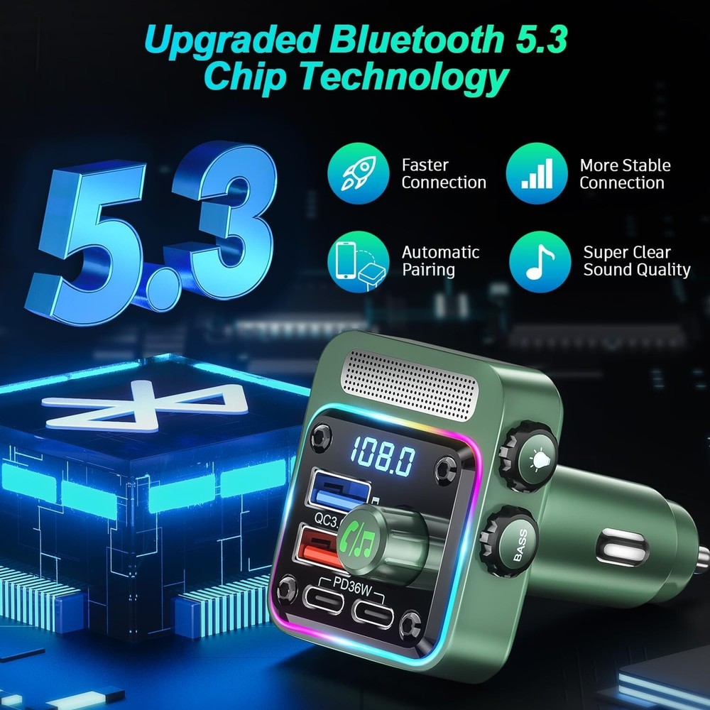 Bluetooth 5.3 FM Transmitter Car Adapter - SONRU Charger 54W wireless Radio