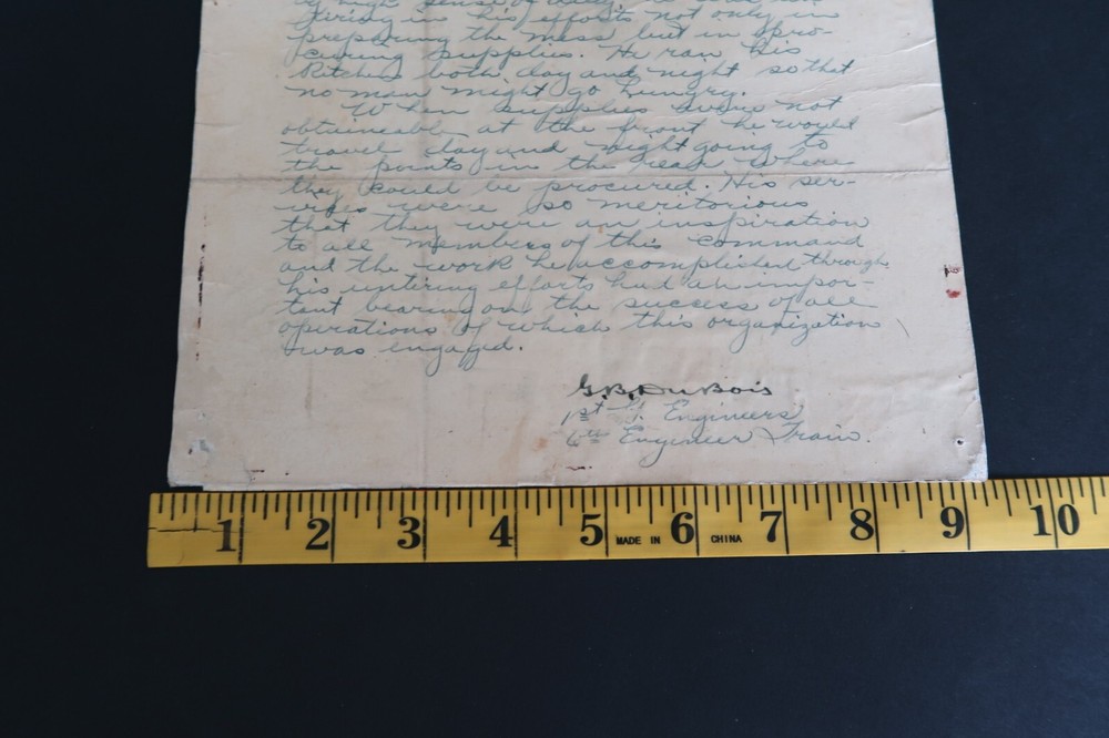 WW I 6th Engineer Batalion Citation Meritorious Service and Devotion Ephemera