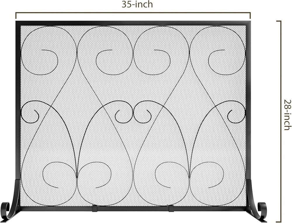 Single Panel Handcrafted Wrought Iron Symmetric Scroll Flat Fireplace Screen