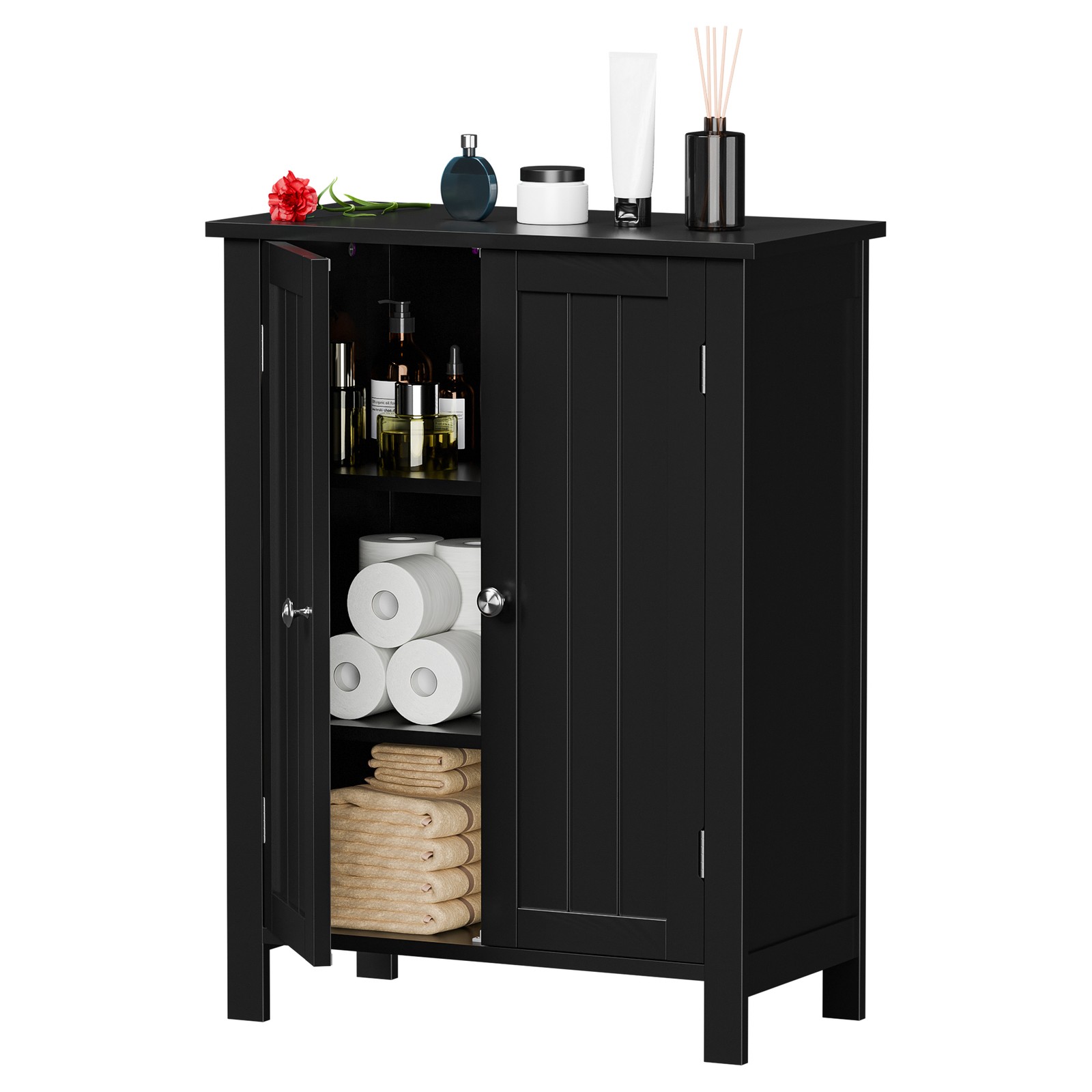 Bathroom Floor Storage Cabinet with Adjustable Shelf Double Door Organizer Black