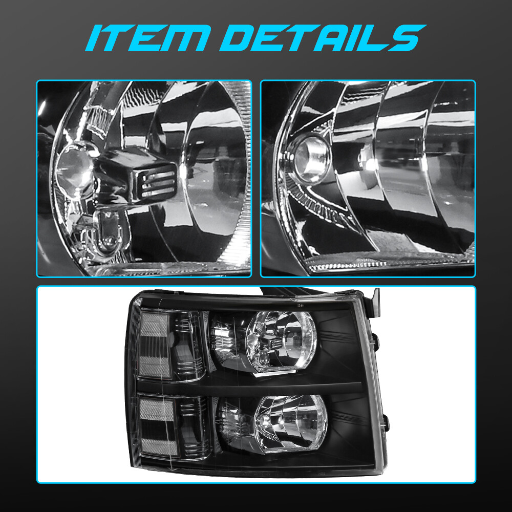 For 2007-2013 Chevy Silverado 1500 2500HD Black Housing Headlights LH & RH