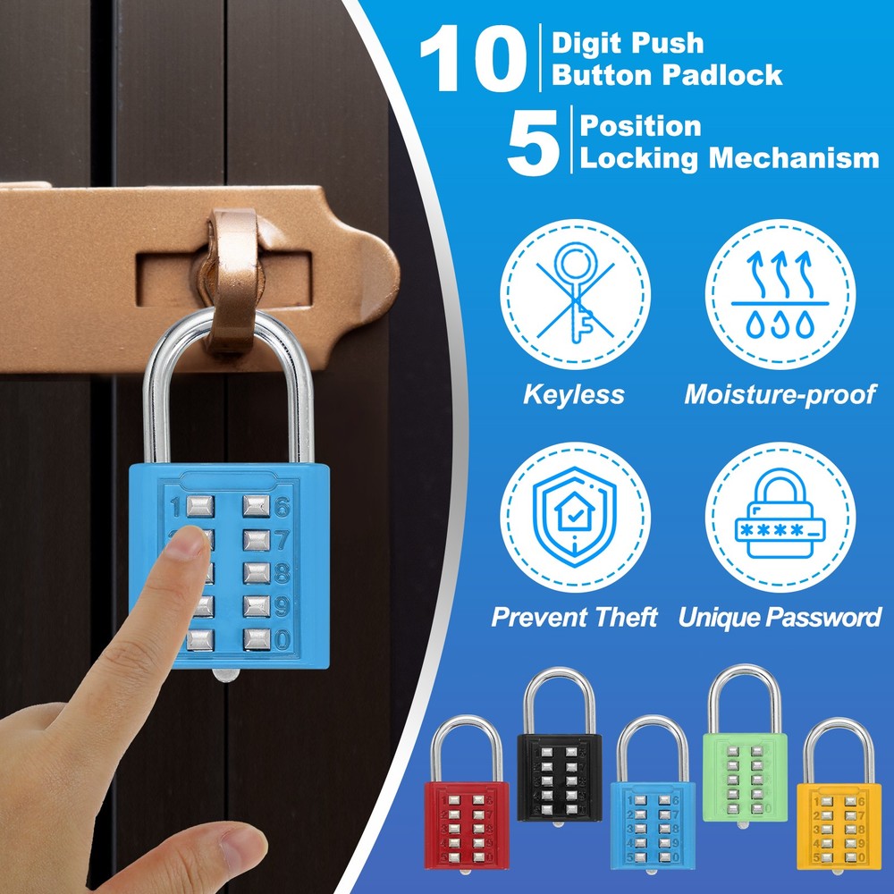 Push Button Combination Padlock 10-Digit 5-Position Lock Lake Blue