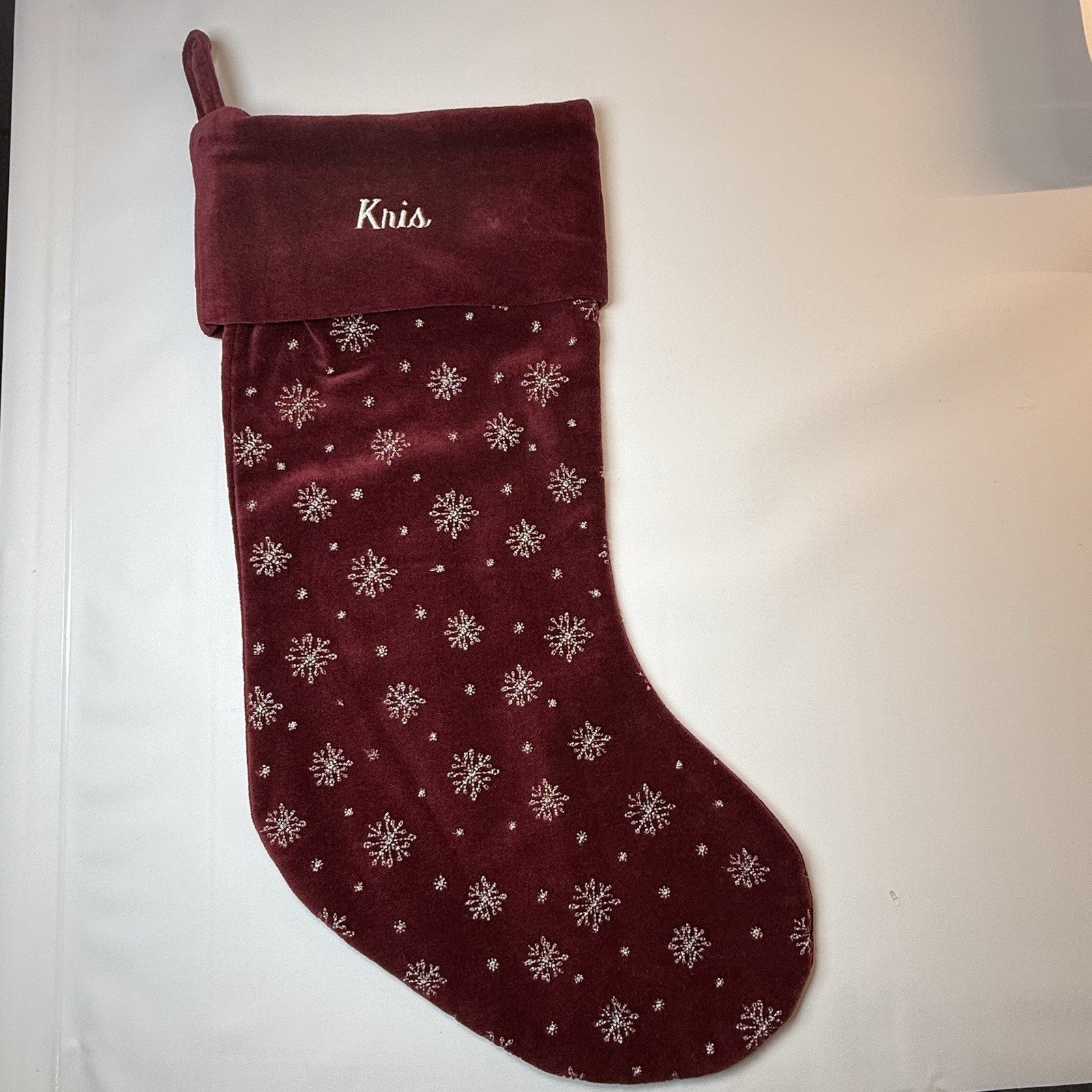Lands End Burgundy Christmas Stocking Snowflakes Velvet Embroidered Name KRIS