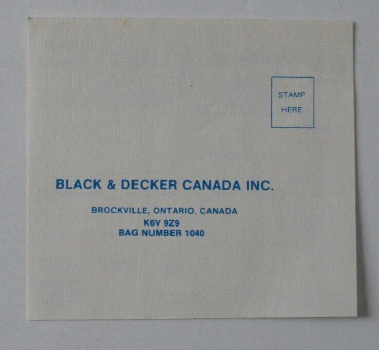 BLACK & DECKER Owner Registration Card 1970s