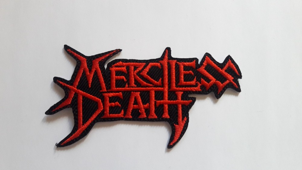 MERCILESS DEATH,IRON ON RED EMBROIDERED PATCH