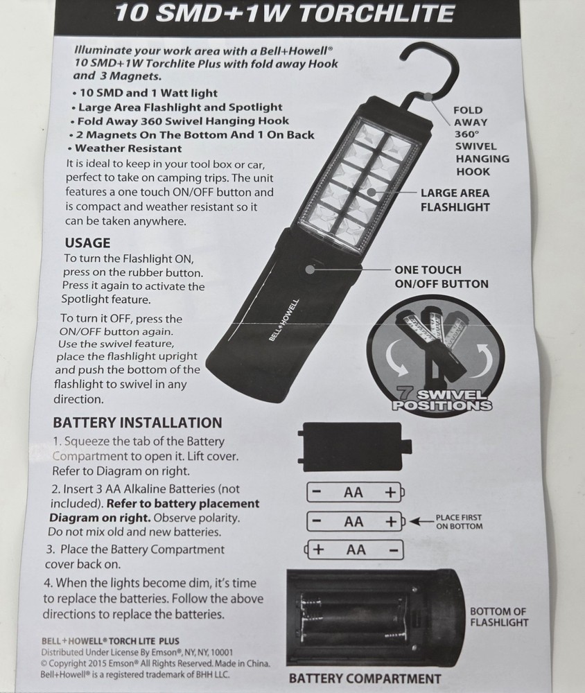 New Bell+Howell Torchlite Plus in Black - #9767MO - Flashlight