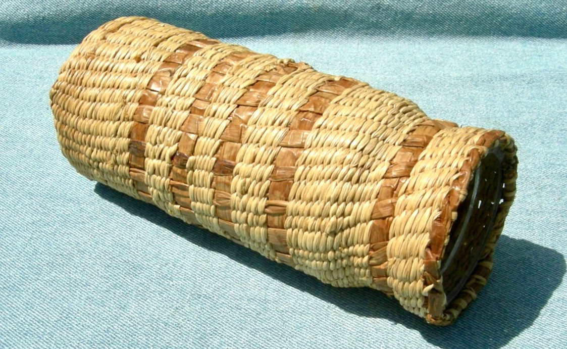 antique PACIFIC NW NATIVE AMERICAN NOOTKA, MAKAH HANDMADE BASKETRY GLASS JAR