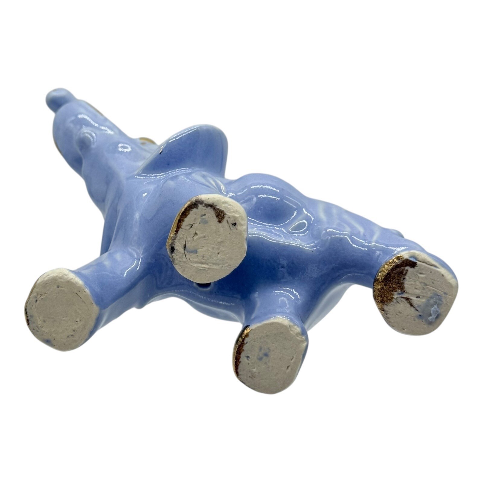Elephant Figurine Blue Ceramic Gold Accents Trunk Up Good Luck Vintage Decor