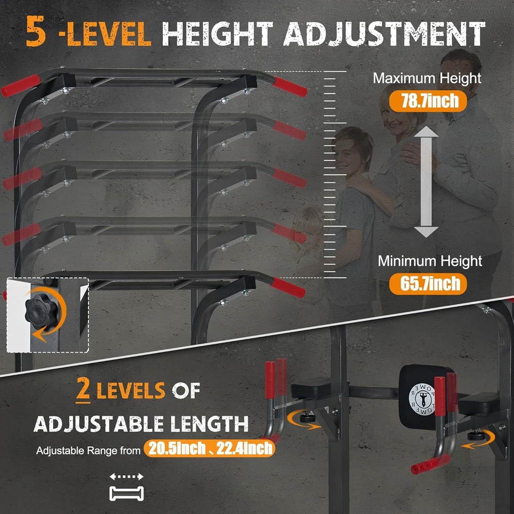 Power Tower Dip Station Pull Up Bar Workout Multi-Function Adjustable Height