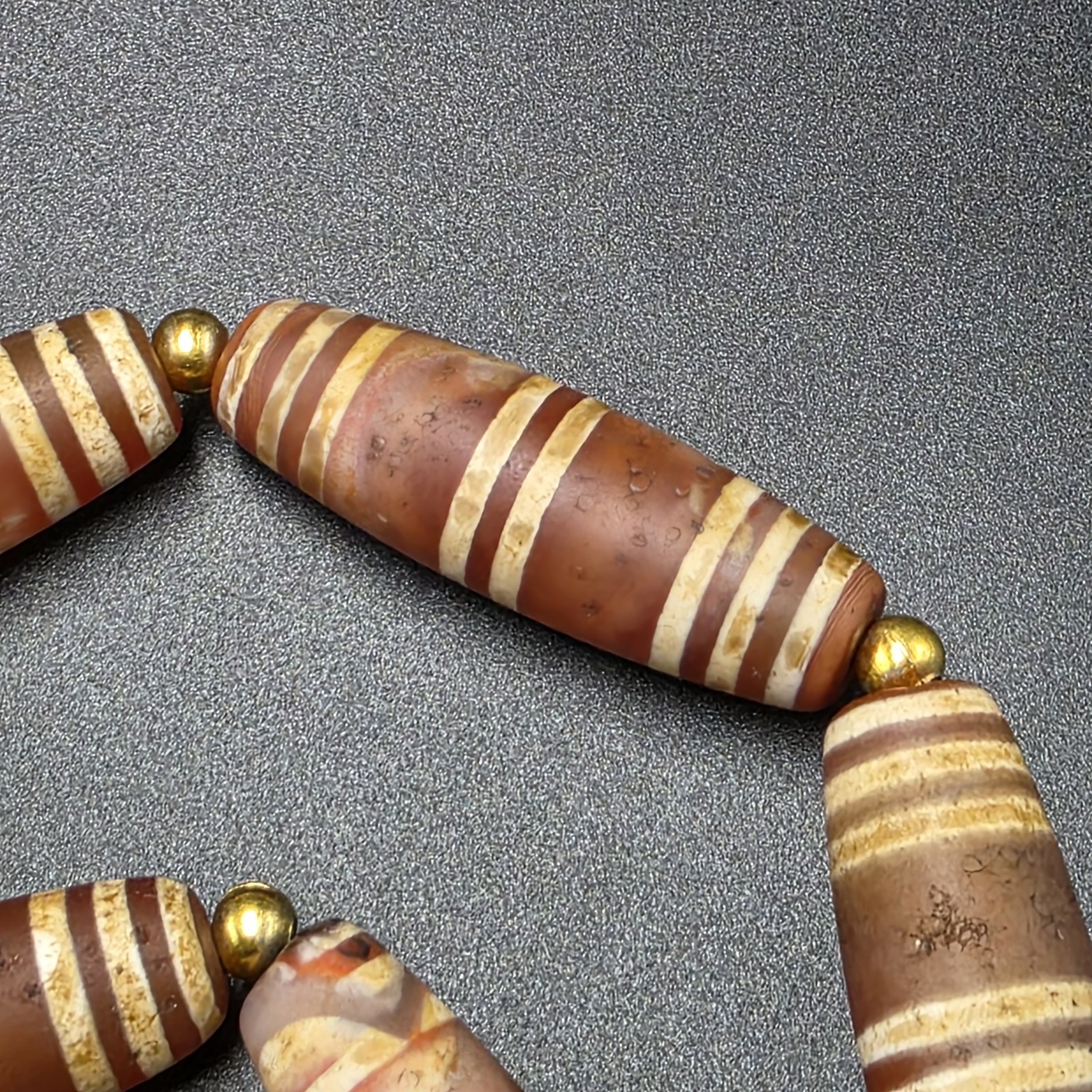 Antique Etched Carnelian Decorated Agate Beads Necklace.