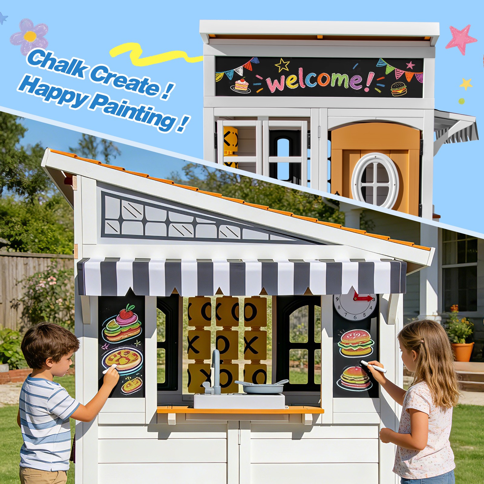 Wooden Kids Playhouse Cottage Play Kitchen,Bench,Mailbox,Tic-Tac-Toe,Chalkboards