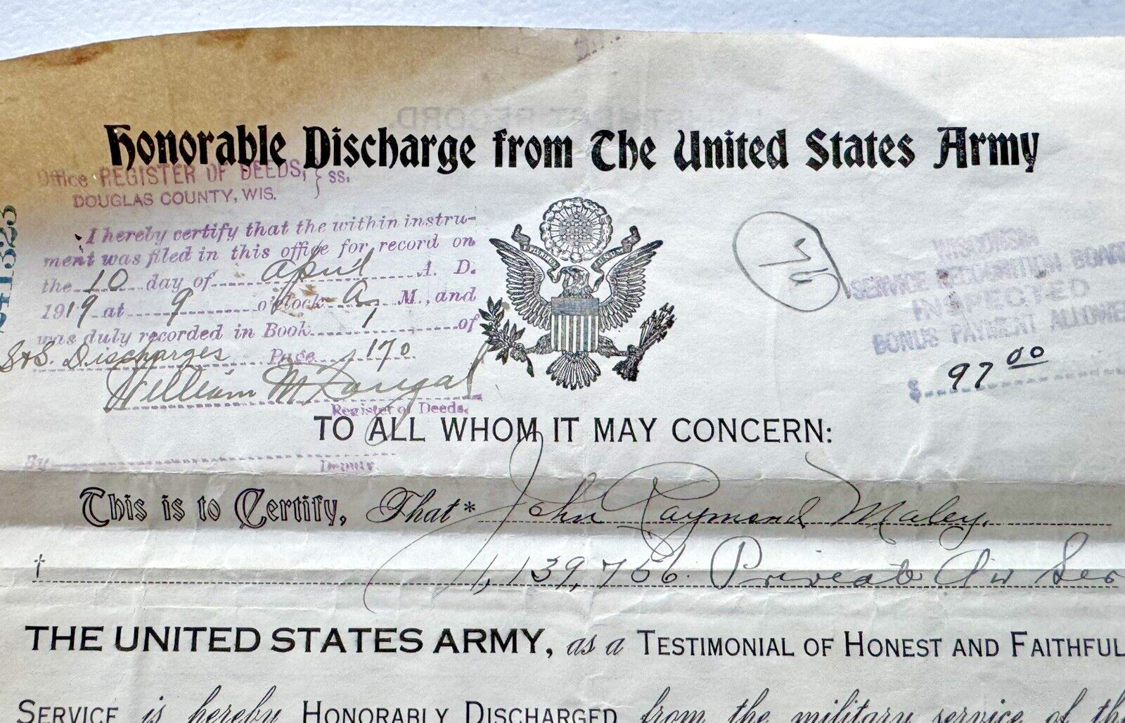 1918 WWI HONORBLE DISCHARGE PAPERS FROM THE UNITED STATES ARMY PRIVATE MALEY